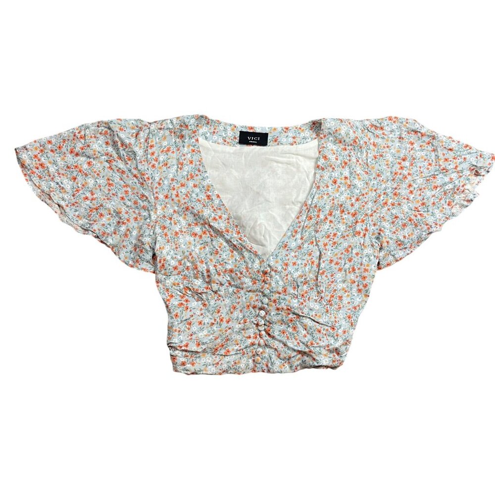 Vici Floral Crop‎ Top Women's Size Small 100% Rayon V-Neck Short Flutter Sleeves